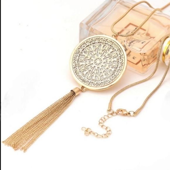 Long Necklace Disk Circle Pendant Tassel - Picture 3 of 11